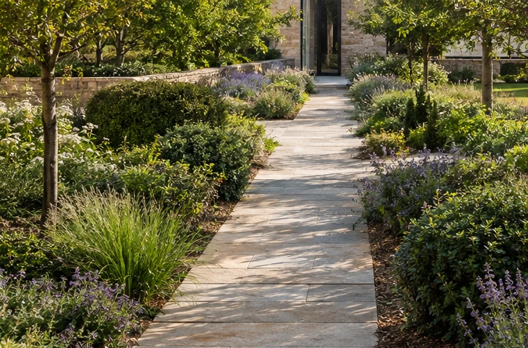 Natural stone paving in a landscaped outdoor space